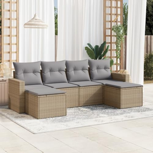 WEMYUFURN Set di 6 divani da giardino modulari con cuscini beige in rattan sintetico, gruppo di sedute con vano portaoggetti impermeabile e rivestimenti rimovibili per una facile pulizia
