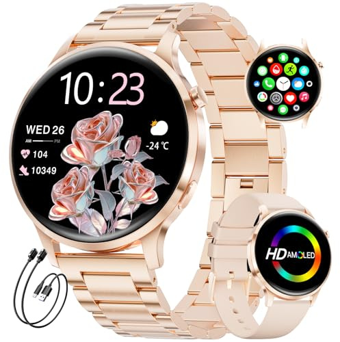 Reloj Inteligente Mujer, 1.32 AMOLED Smart Watch con Llamadas Bluetooth, 120+ Deportes Smartwatch Mujer con 2 Correas, IP68 Waterproof, Sueño, Actividad Calorías Podómetro Android iOS (Oro rosa)