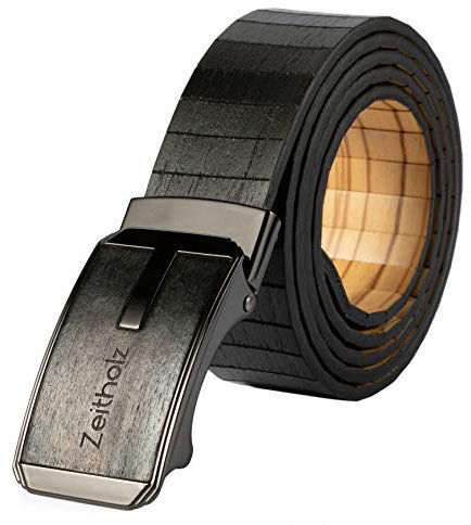 Zeitholz Holzgürtel für Herren mit automatischer Schnalle - Wendbar, zweifarbig - 100% natürliches Olivenholz, Sandelholz und Leder - Für Taillen bis zu 128 cm (Schwarzes Sandelholz)