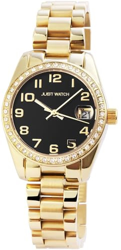 Just Watch Damen Armbanduhr Gliederarmband Analog, Gesamtlänge 19 cm, Edelstahlarmband – 5 ATM (Gold/Schwarz)
