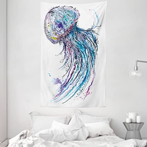 ABAKUHAUS Qualle Wandteppich und Tagesdecke, Aqua Farben Kreative aus Weiches Mikrofaser Stoff Waschbar ohne Verblassen Digitaldruck, 140 x 230 cm, Blau Violett Weiß