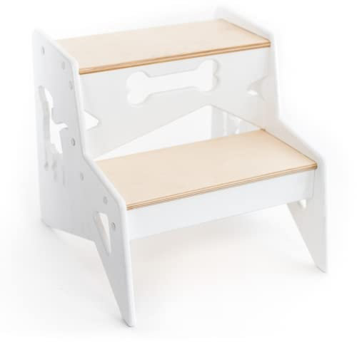 Wooden 2 Step Stool for Toddlers and Adults, Small Footstool Helper, Two Steps Ladder stools, Child for Kitchen Bathroom Garden, Stepping Seats (white with dog)
