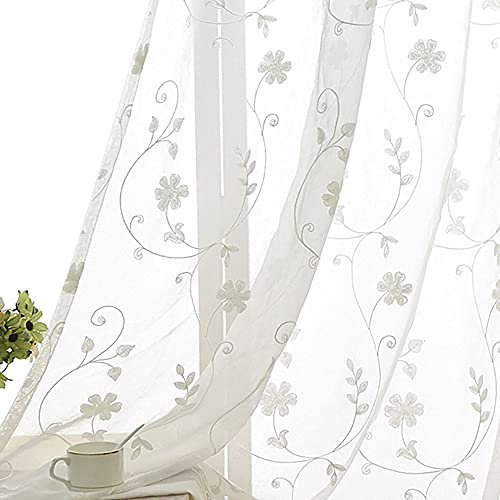 SLOW SOUL 2er Set Weiß Gestickte Blumen Gardinen Für Schlafzimmer Wohn-Esszimmer Landhaus Gardinen Vorhang Mit Stabtasche 132 x 160 cm (B x H)