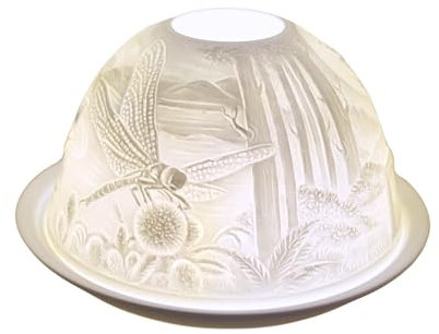 Nordic Lights Dragonfly Porcelain Tealight Holder Dome | Candle Holder Projecting 3D Image Use With Scented Candle, LED Light | Perfect Living Room Decor Lights | Shade & Plate Set with Gift Box