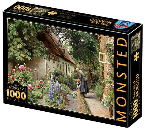 D-Toys Puzzle 1000 Peder MØRK MØNSTED_An Old Woman Watering the Flowers Behind a Thatched Farmhouse