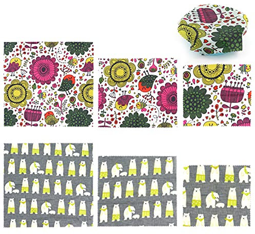 Beowanzk Organic Beeswax Food Wrap,Set of 6 Wax Wraps Food Reusable,Bee Wax Paper Sheets,Biodegradable Cling Film,Beewax Wrapping Storage for Cheese,Sandwich,Bread,Beeswax Cloth