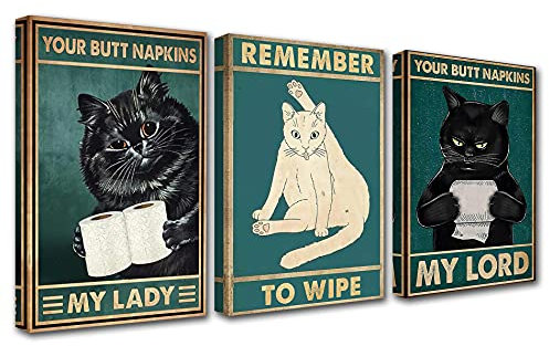 Großes modernes Kunstwerk für Wand mit schwarzer Katze mit Toilettenpapier, 3-teiliges Leinwandbild, Vintage-Blechschild, Bar, Heimdekoration, Giclée, gerahmt, fertig zum Aufhängen, 106,6 x 50,8 cm