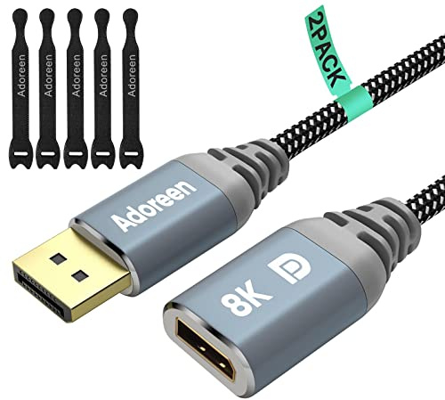 Adoreen 8K DisplayPort Extension Cable 10 Feet/2 Pack, Braided DP to DP Extended 1.4 Cord (from 0.6-25ft) Male to Female (8K@60Hz 4K@120Hz 2K@240Hz) Extender Display Port with 5 Ties