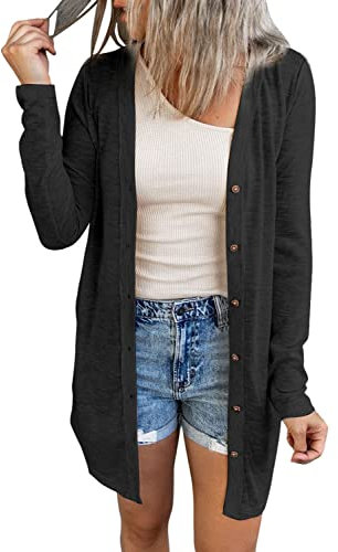 JOCAFIYE Damen Cardigan Strandkleid Lang Dünne Jacke Langarm Leichter Cardigan Elegante Schulterjacke Top Casual Top Black XL