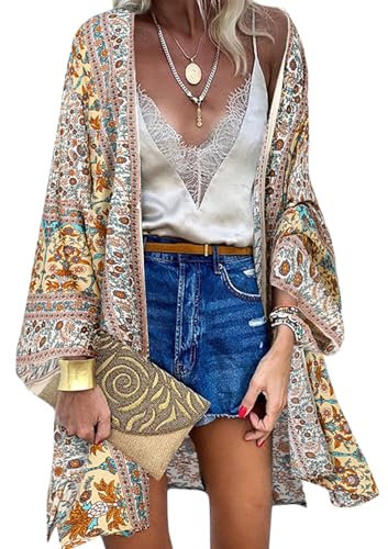 ZANZEA Women's Kimono Cardigan Bohemian Floral Print Beach Cover-Up 3/4 Sleeve Chiffon Bikini Sarong Shawl Tops Alpha Beige XL