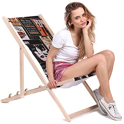 DreamRoots Liegestuhl Klappbar Holz aus Buchenholz, bis 130 kg belastbar, 3-Fach verstellbare Rückenlehne, waschbarer Polyesterbezug