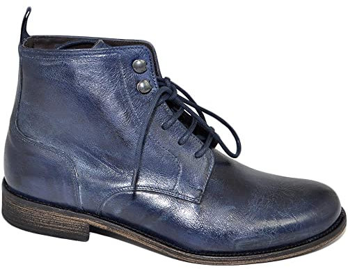 Anfibi stivali uomo N02 LS Luisantiago vera pelle di capra blue avion spazzolato ganci ottone suola cuoio retro' dandy (39 EU)