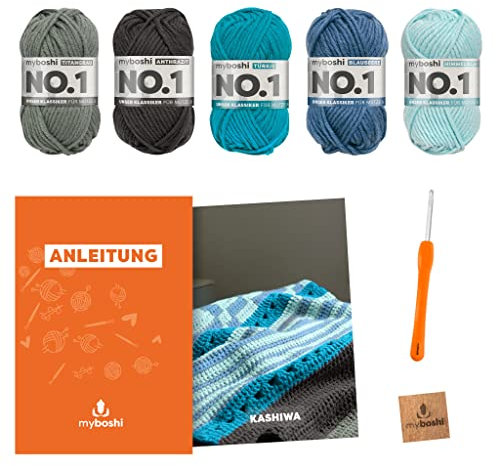 myboshi Häkelset Decke Kashiwa, inkl. No.1 Wolle, Nadel und Anleitung, original Label, Häkelpaket, 30% Merinowolle Grau, Blau mit Häkelnadel
