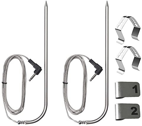 2 Pack Replacement Meat Probe for Pit Boss Pellet Grill Smokers Parts, 3.5mm Plug Thermometer Probe Replacement Temperature Probe with 2 Stainless Steel Probe Clip Holders and 4 Numbered Tag