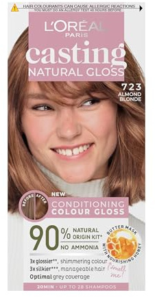 Casting Natural Gloss 7.23 Blonde Amande: A no-ammonia, glossy hair colour lasting 32 washes. Up to 3x glossier, 4x silkier, healthier hair with a beautiful Blonde Amande shade.