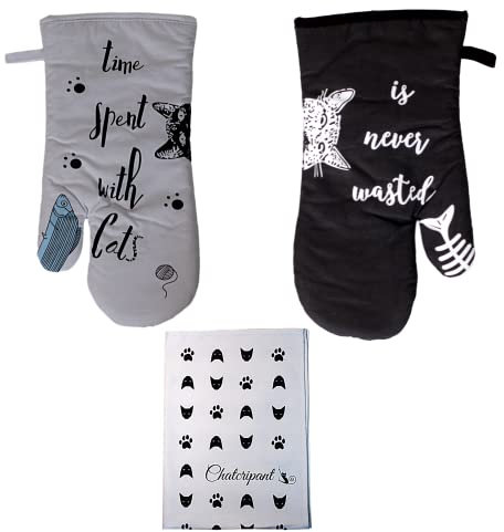 Tablier de Cuisine Femme Motif Chat Noir Gants Maniques Anti Chaleur Four Torchon Idée Cadeau Humour Rigolo Drole Design Fantaisie Chic Adulte Fille Maman Anniversaire (Gants et Torchon)