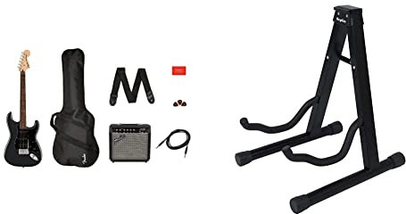 Squier Affinity Stratocaster HSS Electric Guitar Pack in Charcoal Frost Metallic. Gig Bag, Strap & KEPLIN Guitar Stand A Frame Foldable Universal Fits All Guitars Acoustic Electric Bass Stand A