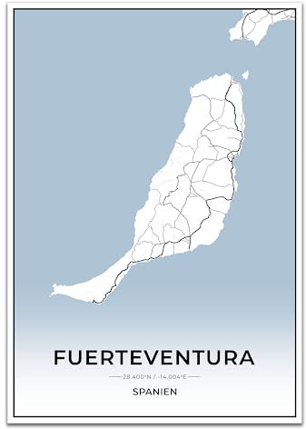 Vacentures Fuerteventura Karten Poster - Premium Wandbild ohne Bilderrahmen I Moderne Wanddeko für Wohnzimmer oder Schlafzimmer I Hochwertiger Druck (Blau, 30x40 CM)