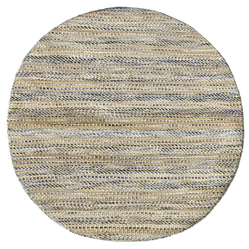 HAMID - Woll- und Jute-Teppich Runden Olivia, Handgewebter Woll-Jute-Teppich für Wohnzimmer, Schlafzimmer, Blau Geädert, (150 x 150 cm)