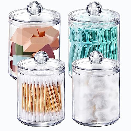 WISIEW Apothekergläser Badezimmer Schminktisch-Organizer – 4 Stück Q-Tips Spenderhalter, transparenter Kunststoffbehälter mit Deckel, Make-up-Organizer, Halter für Wattestäbchen, runde Kugeln,
