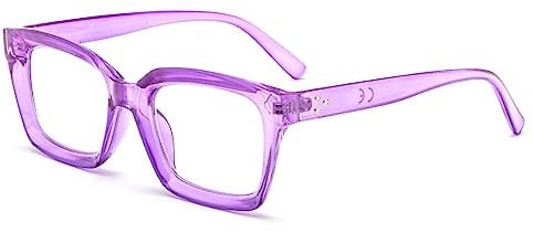 MMOWW Oversized Reading Glasses for Women - Anti Blue Light Glasses with Square Frame (Transparent Purple, +2.5)