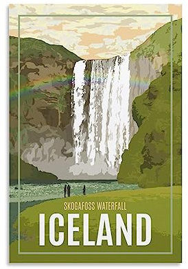 Island Skogafoss Wasserfall Island Vintage Reiseposter Landschaft 20 x 30 cm Wandkunstdruck Leinwand Kunst Poster Modern Familie Schlafzimmer Dekor Poster
