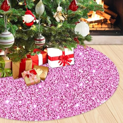 WUPIOS Small Pink Sequin Christmas Tree Skirt - 21 Inch Mini Velvet Skirt for 4FT Pencil Trees - Xmas Tree Collar Cover Decor