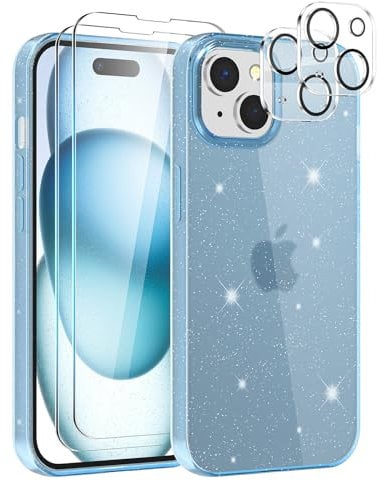 YIRSUR Glitter Clear Case Compatible with iPhone 15 with 2 Pack Screen Protector with 2 Pack Camera Lens Protector, Soft TPU Bumper Anti-Scratch Shockproof Transparent Sparkly Case for iPhone 15 -Blue
