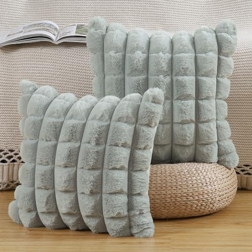 Madizz 2er Set Kunstpelz Plüsch Dekorative Kissenbezüge Gestreifte Weich Dekorative Kissenbezug für Sofa Schlafzimmer Kissen Shell Hellgrau 65 x 65 cm