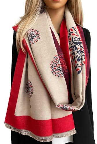 Cashmere Tree Life Blanket Scarf - Reversible Pashmina Shawl, Winter Wraps, Large Warm Scarf, Tree of Life Print Ladies Long Wraps, Womens Gifts (Beige)