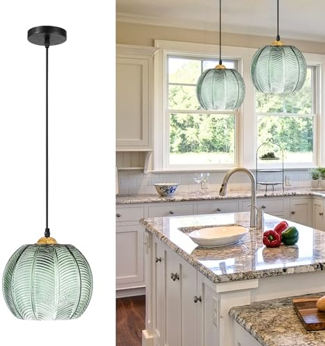 KOSHSH Pendelleuchte Esstisch Grün Glas Lampenschirm,Modern Hängelampe Pendelleuchte Glas Höhenverstellbare Hängeleuchten Dekoration Pendellampe Für Wohnzimmer Schlafzimmer (1PACK 9.8IN)