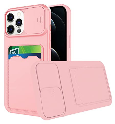 Compatible avec Coque iPhone 12 Pro Max Antichoc avec Porte Carte, Etui iPhone 12 Pro Max Silicone avec Protection Cache Camera Coulissant Coque de Telephone Ultra Fine Housse (Rose)