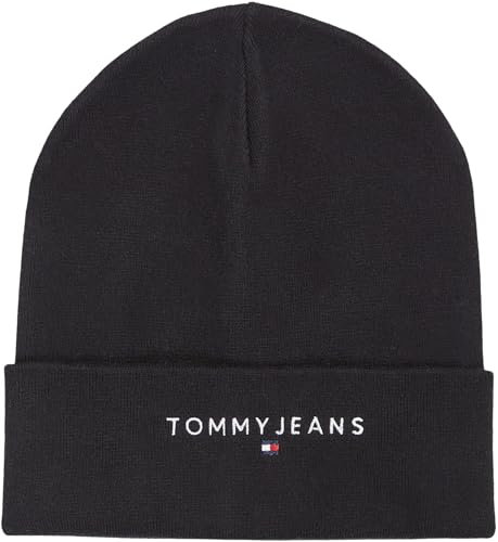Tommy Jeans Herren Strickmütze Linear Logo Beanie Bio-Baumwolle, Schwarz (Black), Einheitsgröße