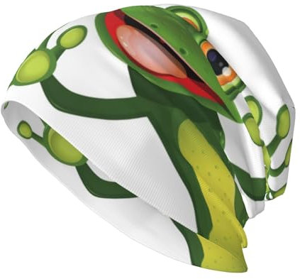 CHANGLEI Grüne Frosch-Mütze für Damen und Herren, bedruckt, bequem, atmungsaktiv, weich, warm, gestrickt, Baumwolle, Schwarz , One size