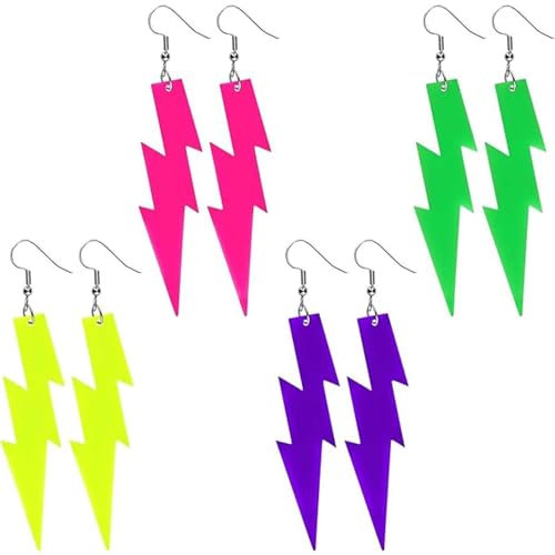 4 Paar Blitz Neon Ohrringe für Grün Violett Gelb Pinke,80er 90er Jahre Accessoires,Lightning Ohrringe,Acryl Bunte Vintage Neon Accessoires für Jahre Mottopartys,Weihnachten,Halloween
