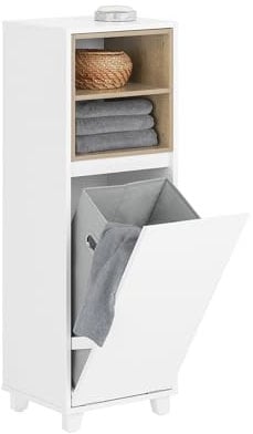 SoBuy Wäscheschrank mit ausklappbarem Wäschesack Wäschesammler Wäschesammler mit 2 Fächern Wäschekorb Wäschetruhe Badezimmerschrank Badschrank Weiß BHT ca. 35x105x30cm BZR146-W