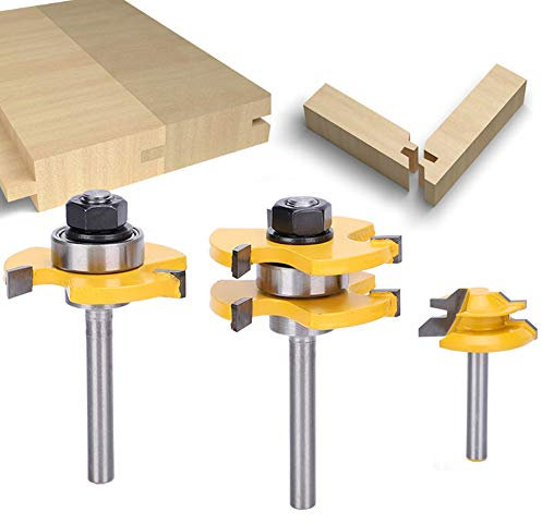 Hartmetall Meißel Bit 3-teiliges Stichfräser Bit Set, 45° Fräser Bit + 3 Zähne T-förmiger 1/4 Schaft Oberfräse Fräser Set für Holzbearbeitung, Kantenbearbeitung, Zuschneiden