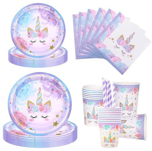 Aitsite Juego de 100 platos de fiesta de unicornio morado, platos de fiesta de cumpleaños para 20 invitados, unicornio de cumpleaños, vajilla de decoración para fiestas de cumpleaños