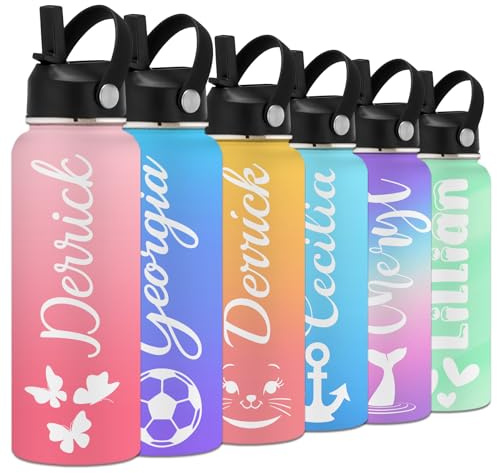 Personalised Water Bottle for Kids Adults with Straw Lid 12 18 24 32 40 oz Custom Water Bottles with Name Logo Customised Insulated Stainless Steel Sports Water Bottle for School