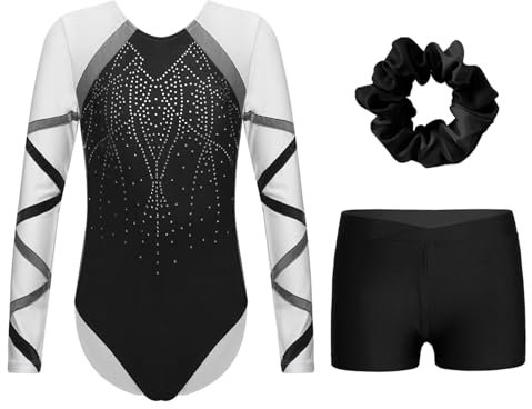 Miutii Mädchen Turnanzug Langarm Glitzer Gymnastikanzug mit kurze Hose und Haargummi Ballettanzug Gymnastik Leotard Tanzkostüm Schwarz 134-140