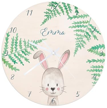 wunderwunsch® - Personalisierte Wanduhr Kinder aus Holz mit Spezial-Druck - Lautloses Uhrwerk mit Aufhängung - Babyzimmer Deko Kinderzimmer (Hase)