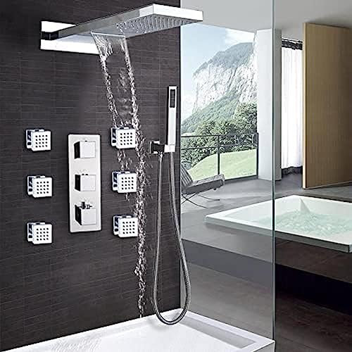 GKPSSURV An der Wand montierter 8-Zoll-Regenduschkopf mit Thermostatmischventil und 6 Massage-Körpersprays und Handbrausen-Kombiset