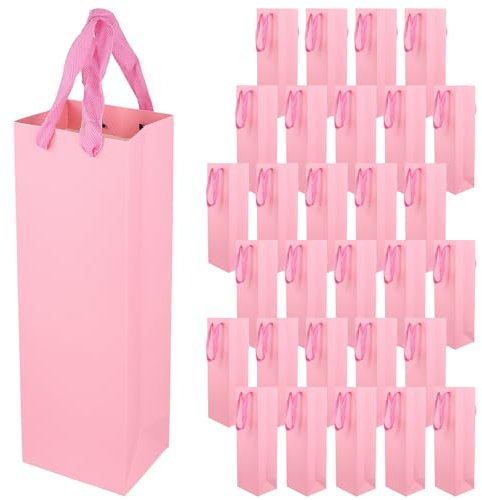 SOUJAP 30 PCS Paper Pink Wine Bags, 35 x 11 x 9cm Single Wine Bottle Gift Tote Bag with Handle for Wedding, Birthday