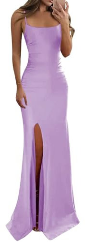 KURFACE Spaghettiträger-Meerjungfrauen-Ballkleider für Damen, mit Schlitz, U-Ausschnitt, langes formelles Kleid, Abendkleid, Flieder, 44