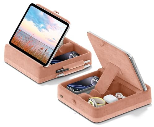 KDD Tablet Pillow Holder, Foldable ipad Cushion Pillow Stand with Storage and Stylus Mount for Bed, Lap, Desk, Adjustable Tablet Rest Cushion for iPad Pro 13, iPad Air, Mini, Book 4-13 - Peach Fuzz