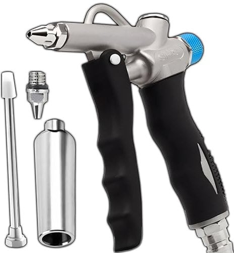 Retoo Pistola de Aire Comprimido con Regulación de Flujo, Boquillas Intercambiables, Cuerpo Metálico Resistente, Ideal para Talleres e Industria