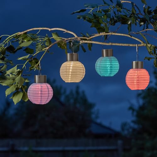 Set of 4 Solar Powered Colourful Chinese Style Lanterns – Weatherproof Orb Shaped Outdoor Garden Hanging LED Lights for Wall, Fence, Tree Branch, Patio, Decking, Pathway, Balcony – Each H11 x 10cm
