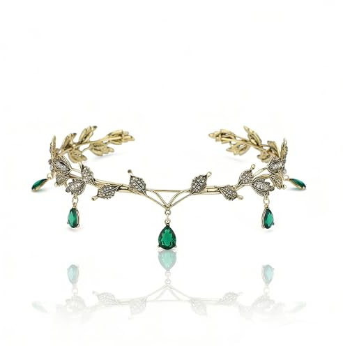 Karneval Elfen Kopfschmuck, Vintage Grün Strass Diademe Stirnband, Elfe Mittelalter Kopfschmuck, Krone Damen für Cosplay Hochzeiten Geburtstage und Andere Anlässe