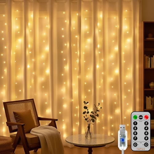HeiPard LED Lichtervorhang Innen 3x3m, 300 LEDs Lichterkettenvorhang USB Warmweiß, Vorhang Lichterkette Innen mit 8 Modi Timer Fernbedienung für Weihnachts Deko Hochzeit Party Fenster