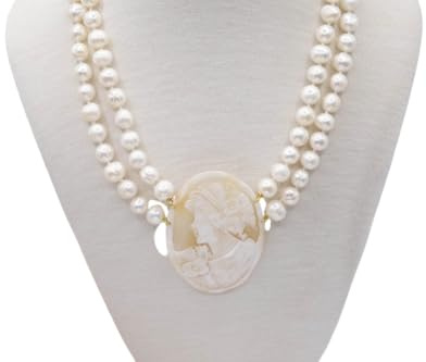 Collana doppio filo, perle naturali, cammeo